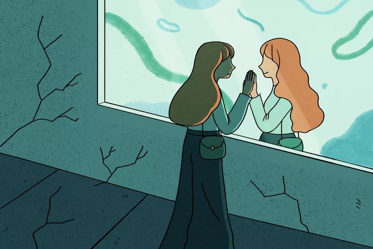 Illustration of a woman facing her reflection, symbolizing self-reflection, healing and inner growth.